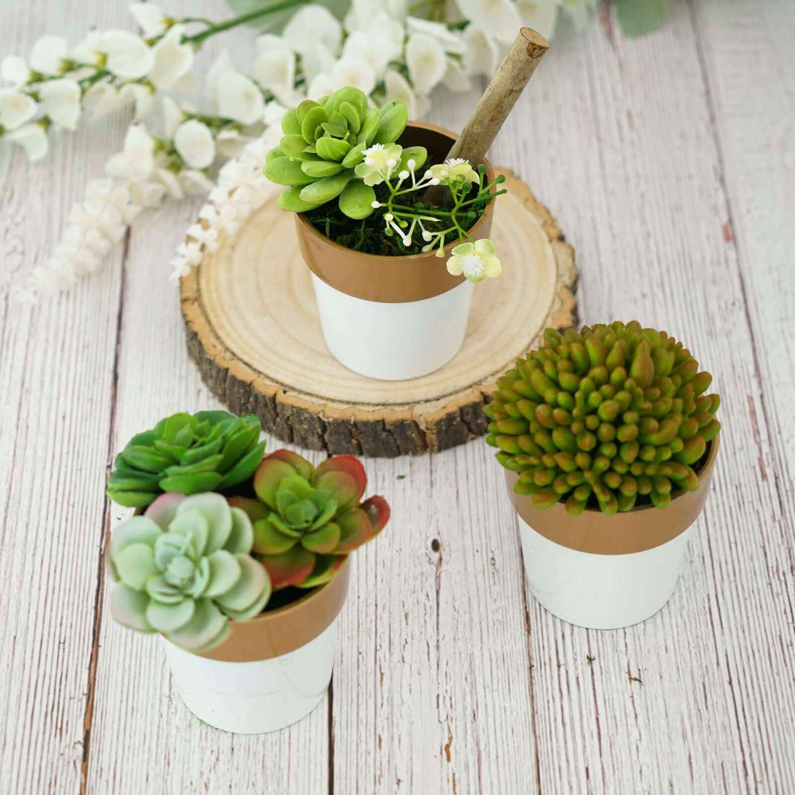 3 Pack White Gold Rimmed Small Flower Plant Pots, Indoor Decorative Planters 3