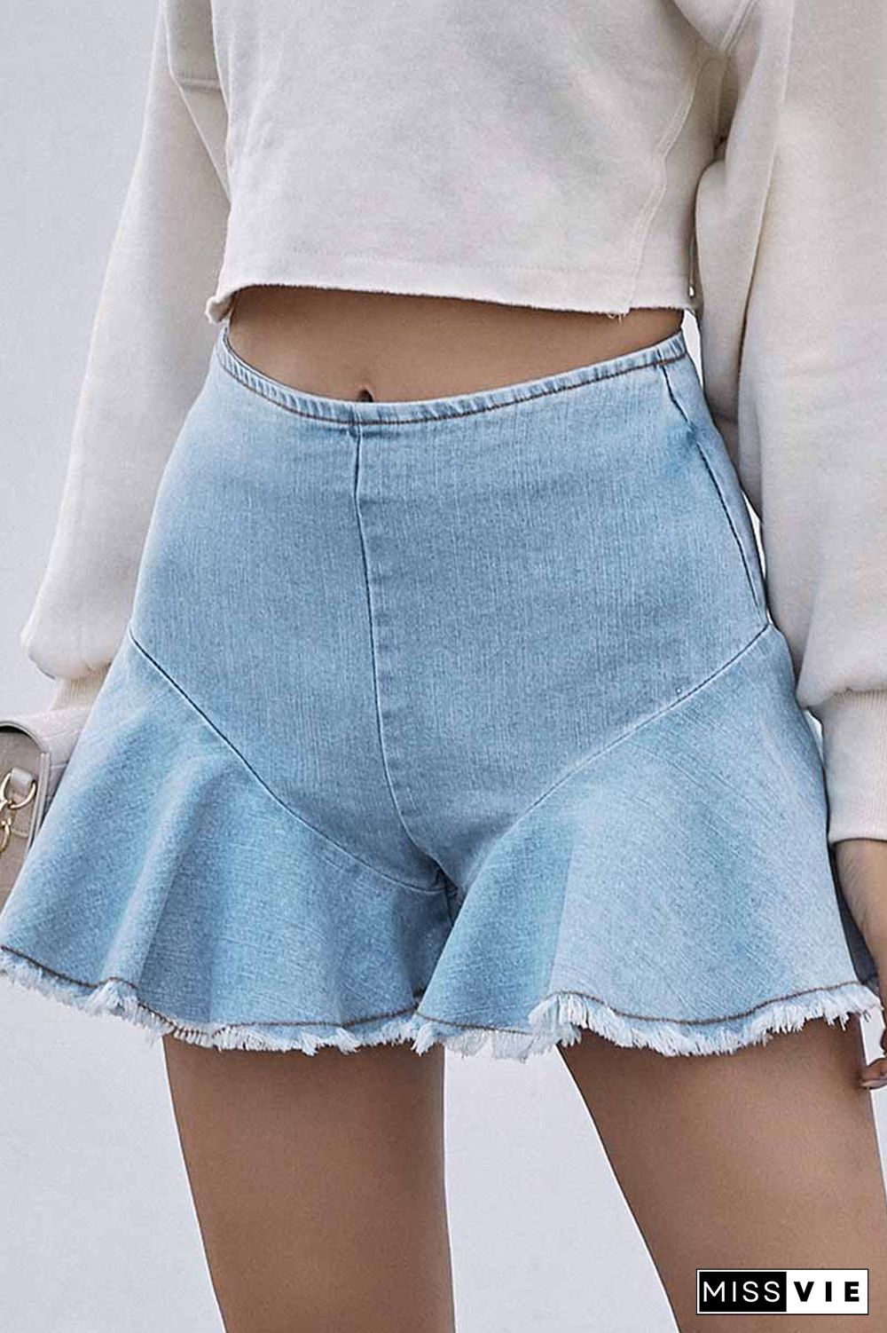 High-Waisted Commuter Denim Ruffled Zipper Shorts