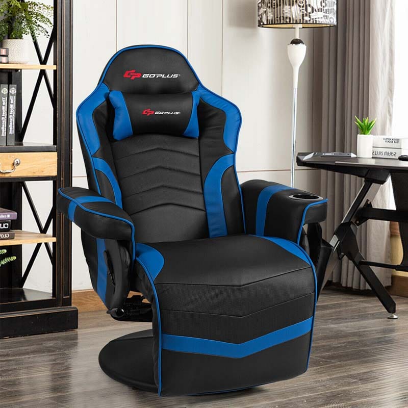 PU Leather Massage Gaming Chair, Ergonomic High Back Racing Style Gaming Recliner with Adjustable Backrest & Footrest, Cup Holder, Side Pouch