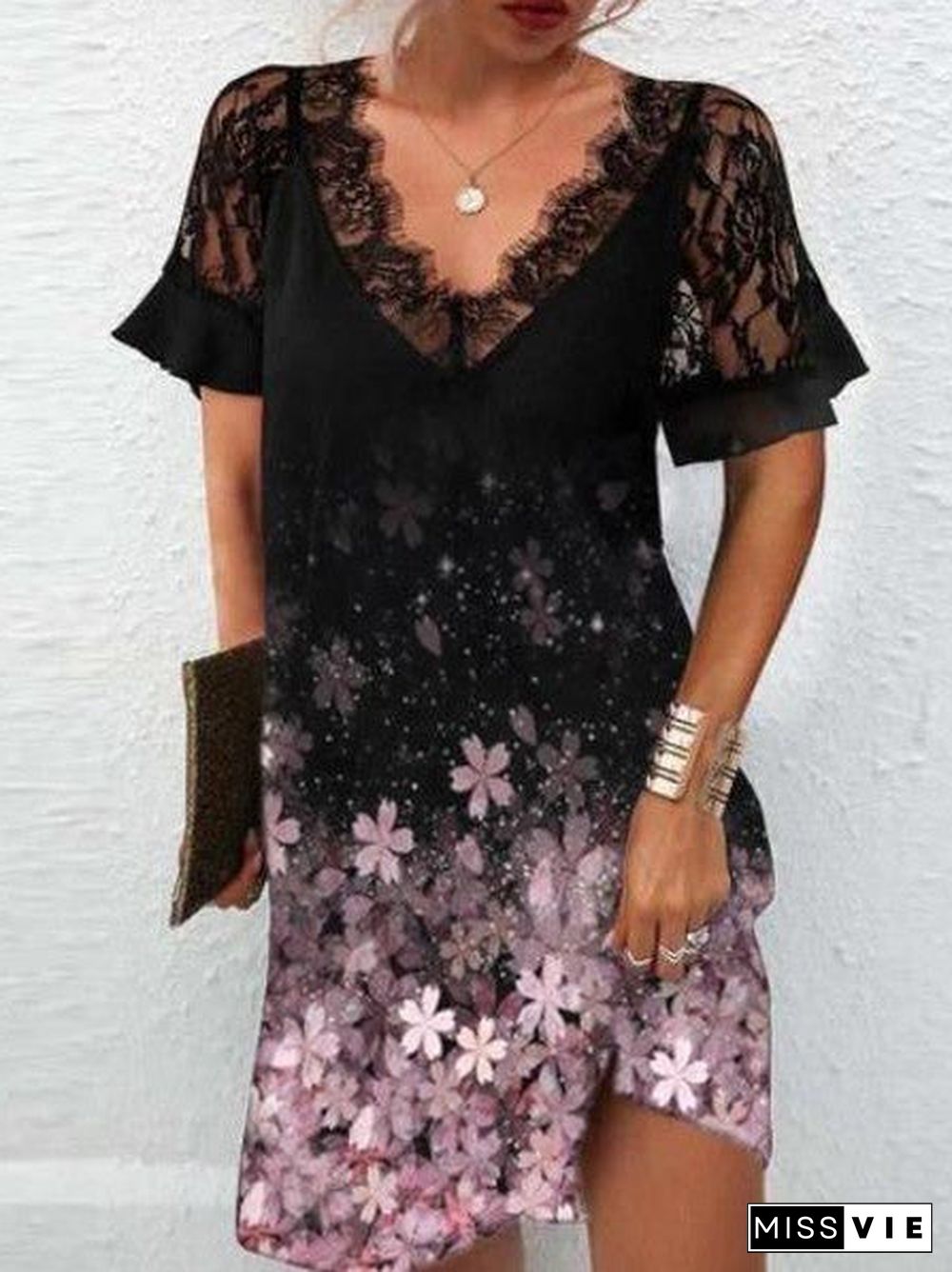 Women's Lace Short Sleeve V Neck Print Fashion Casual Dress