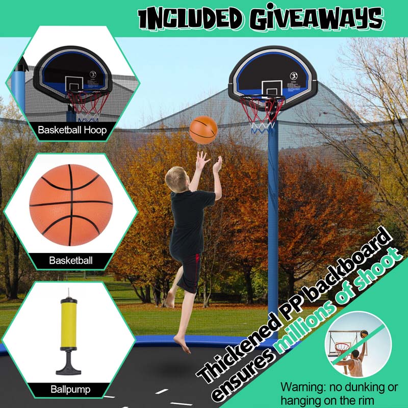 12/14/15/16 FT ASTM Approved Outdoor Recreational Trampoline with Basketball Hoop & Internal Enclosure Net