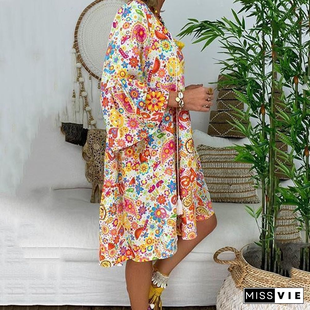 Short Sleeve Printed V Neck Loose Dress