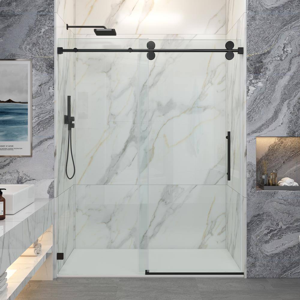 MCOCOD 72 in. W x 76 in. H Single Sliding Frameless Shower Door in Matte Black with Smooth Sliding and 38 in. (10 mm) Glass SS04-72x76-BL