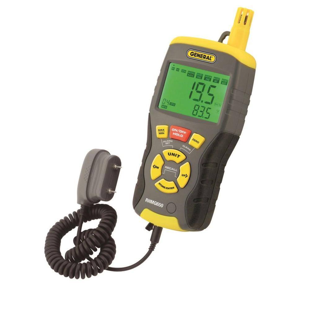 General Tools 9-in-1 Thermo-Hygrometer PinPinless Moisture Meter with Probe and Carry Case RHMG650