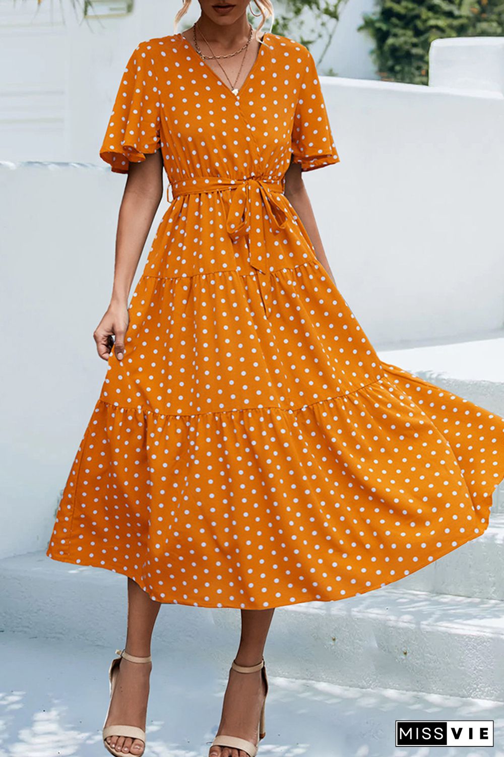 Polkadot V Neck Waist Tie Tiered Ruffle Dress