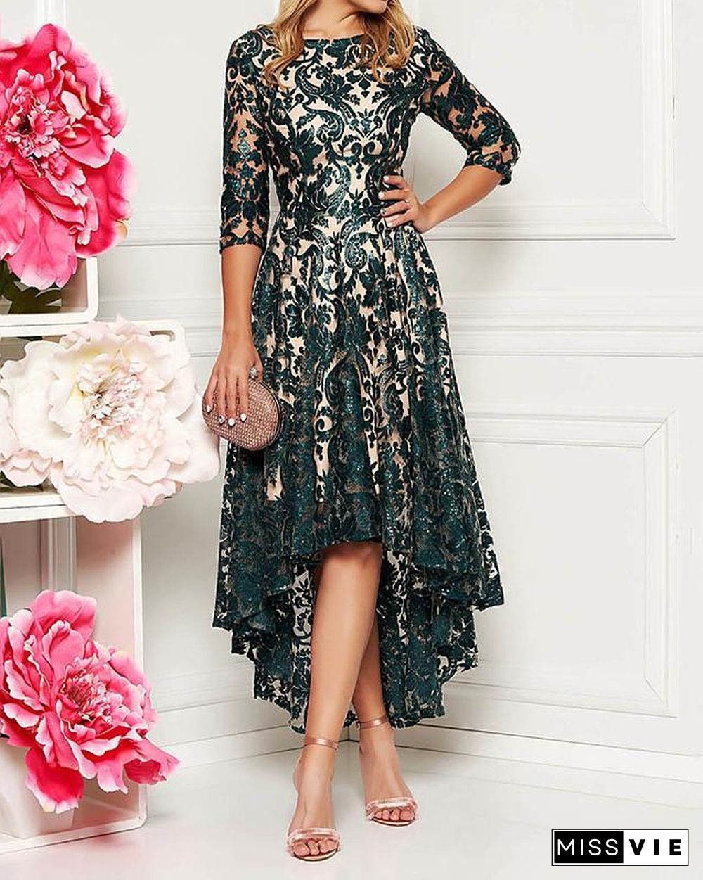 Women's A-Line Dress Midi Dress Half Sleeve Solid Color Floral Lace Spring & Summer All Seasons Hot Elegant Green M L XL XXL