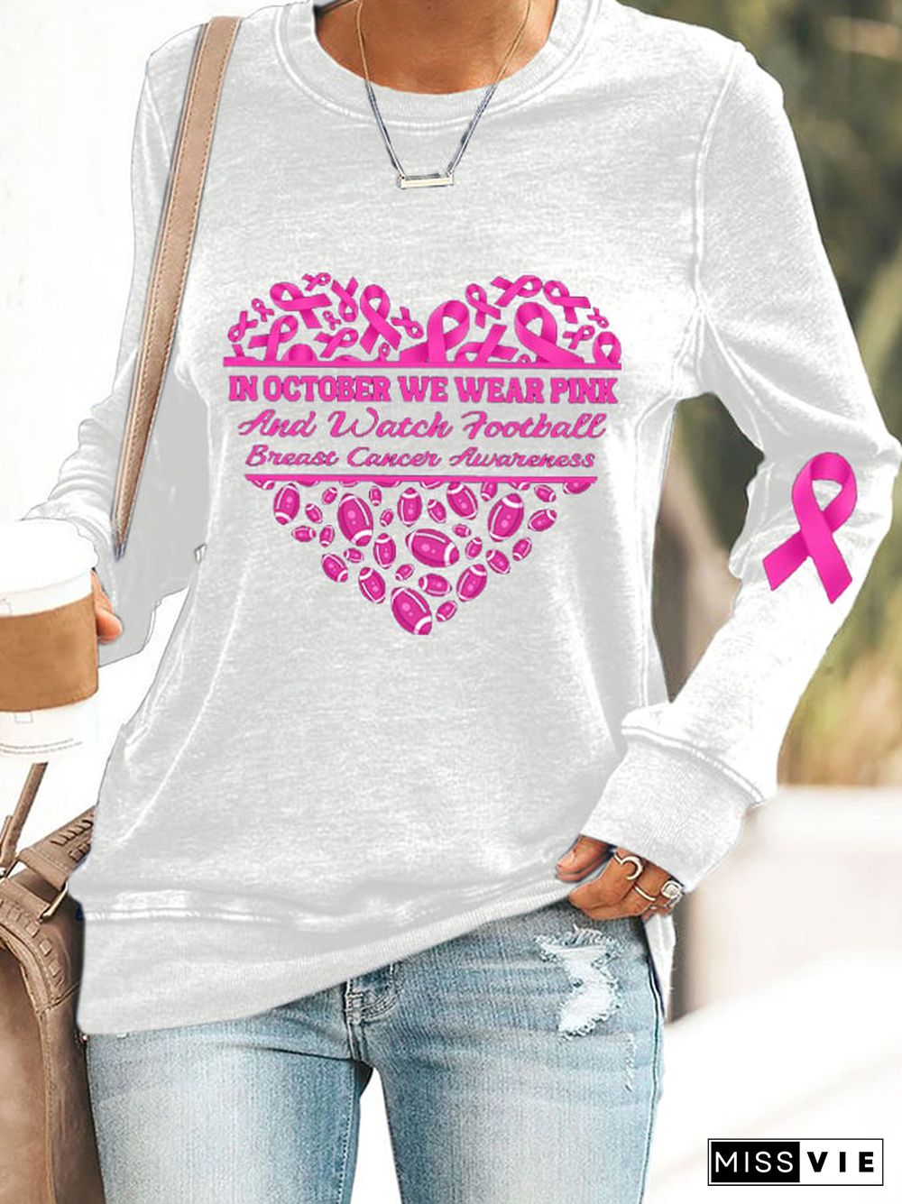 Women's In October We Wear Pinkand Watch Football Breast Cancer Gwareness Sweatshirt