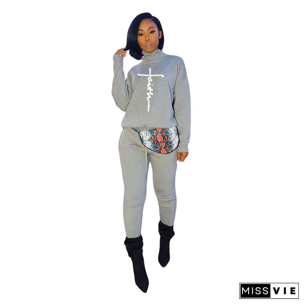 Faith Letter Turtleneck Long Sleeve T-shirt and Pants Suit