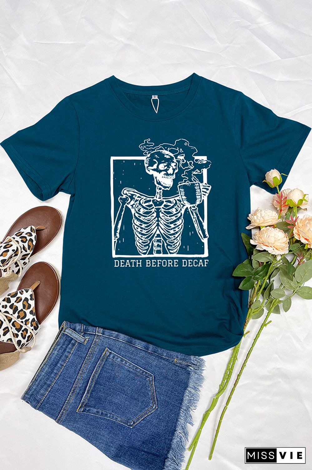 Skeleton Death Before Decaf Skeleton Drink Coffee Graphic T-Shirt Wholesale