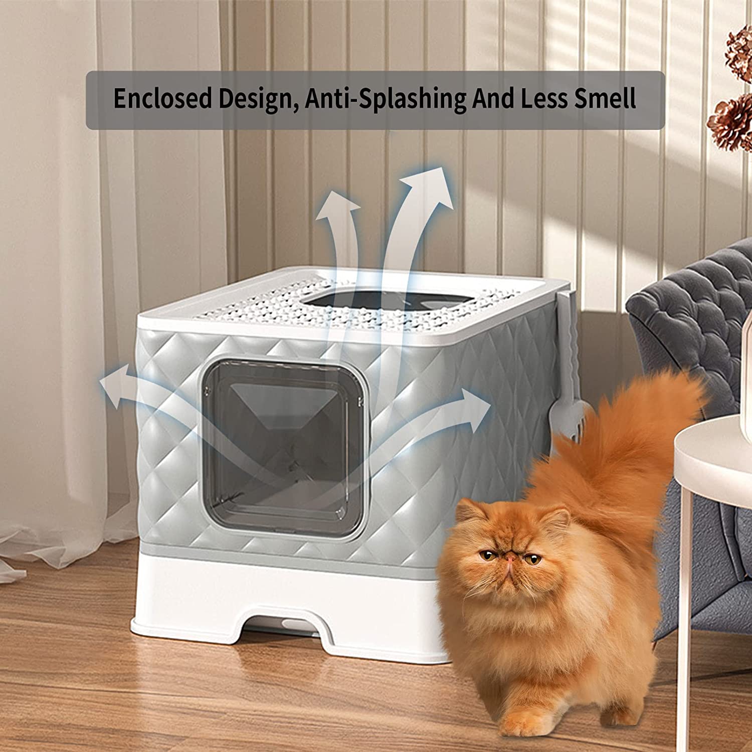 Hamiledyi Large Cat Litter Box with Lid， Enclosed Cat Potty with Drawer Foldable Top/Front Entry Anti-Splashing Cat Toilet Supplies with Pet Plastic Scoop Easy to Clean(Grey)