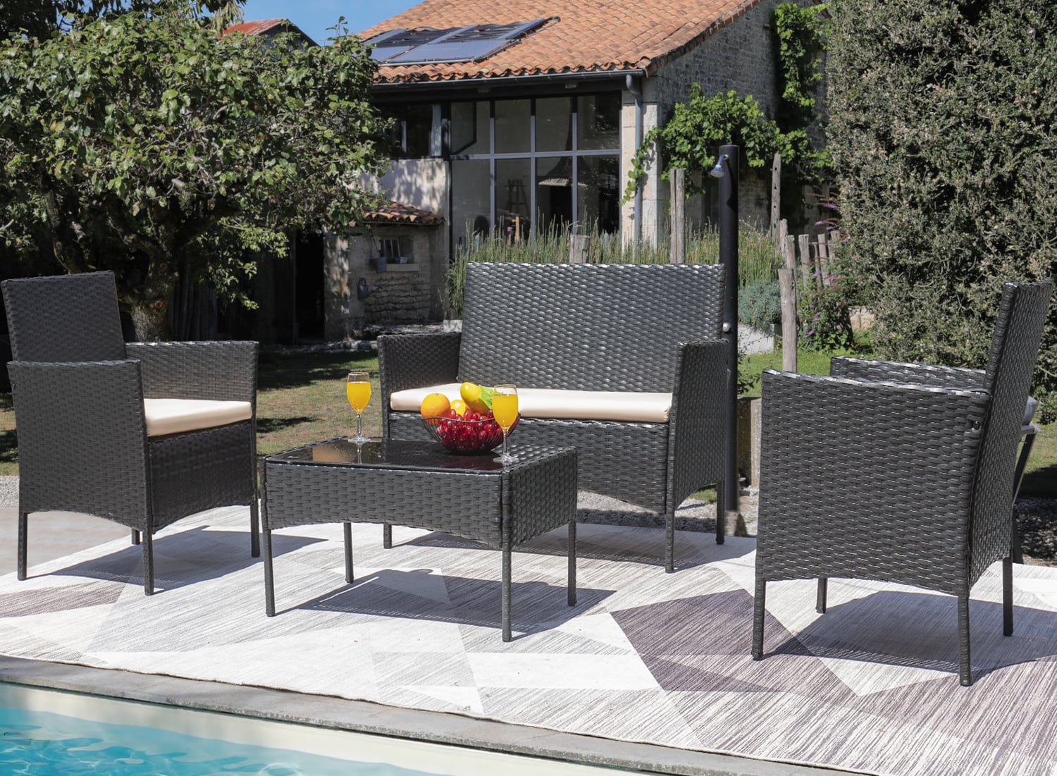 Devoko 4 Pieces Outdoor Patio Conversation Set PE Rattan Wicker Furniture Set, Black/Beige