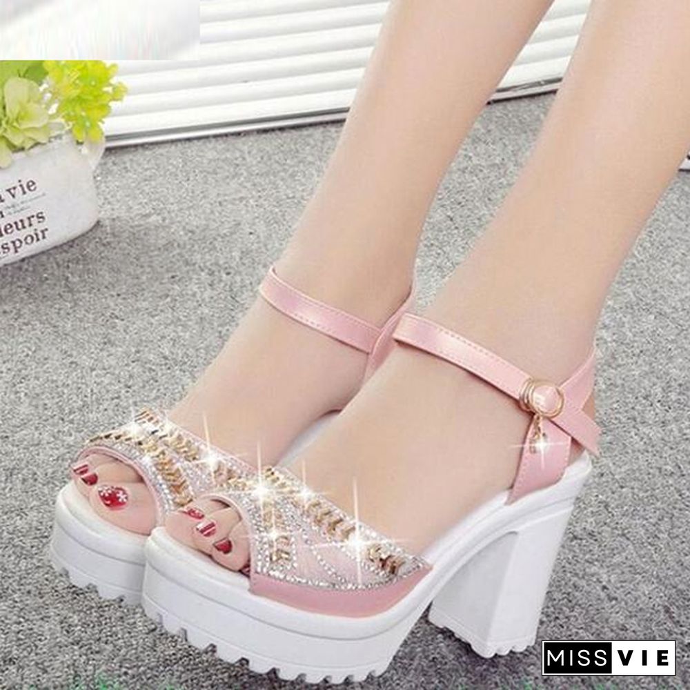 Women Square High Heel Sandals Diamond Fish Mouth Thick Bottom Sandal Shoes