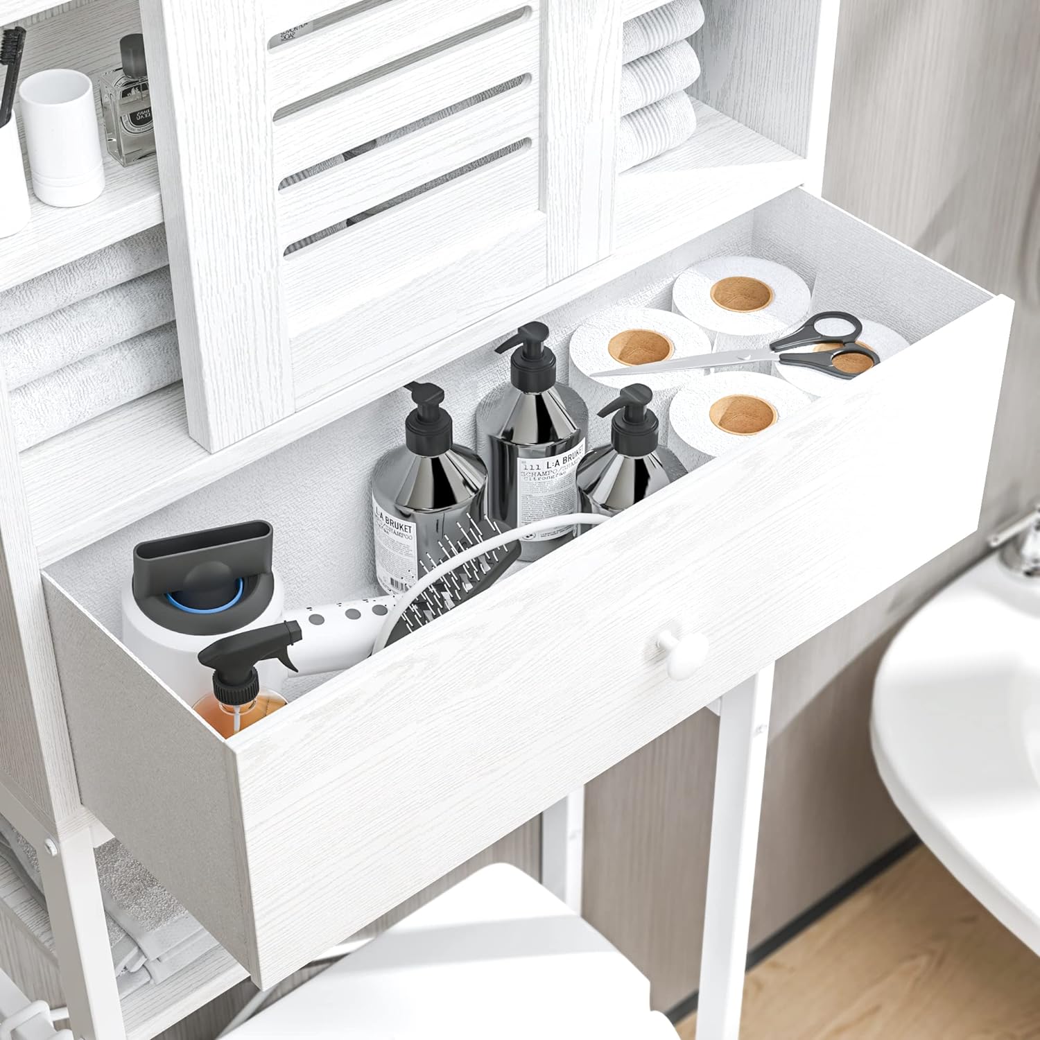 Storage Rack Over Toilet Bathroom Organizer Shelves with Cabinet and Drawer