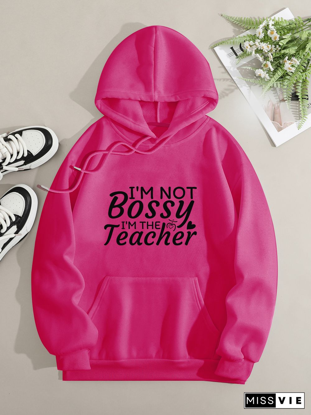 Printed on front Kangaroo Pocket Hoodie Long Sleeve for Women Pattern I'm not a bossy teacher