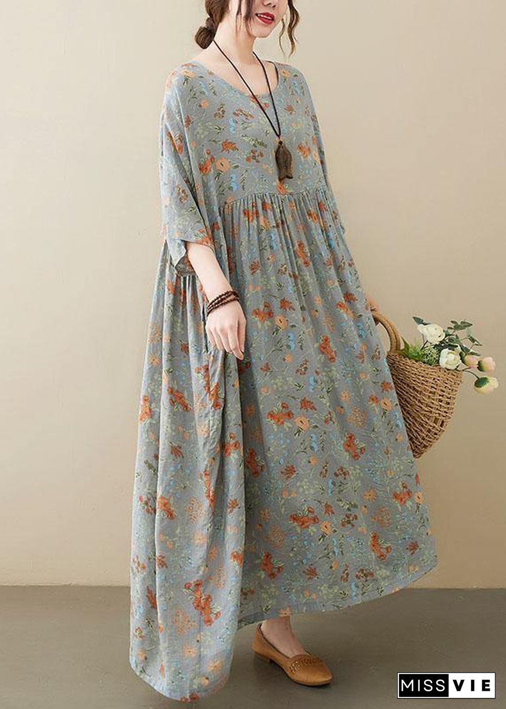 Elegant Grey O-Neck Patchwork Print Half Sleeve Summer Long Dress