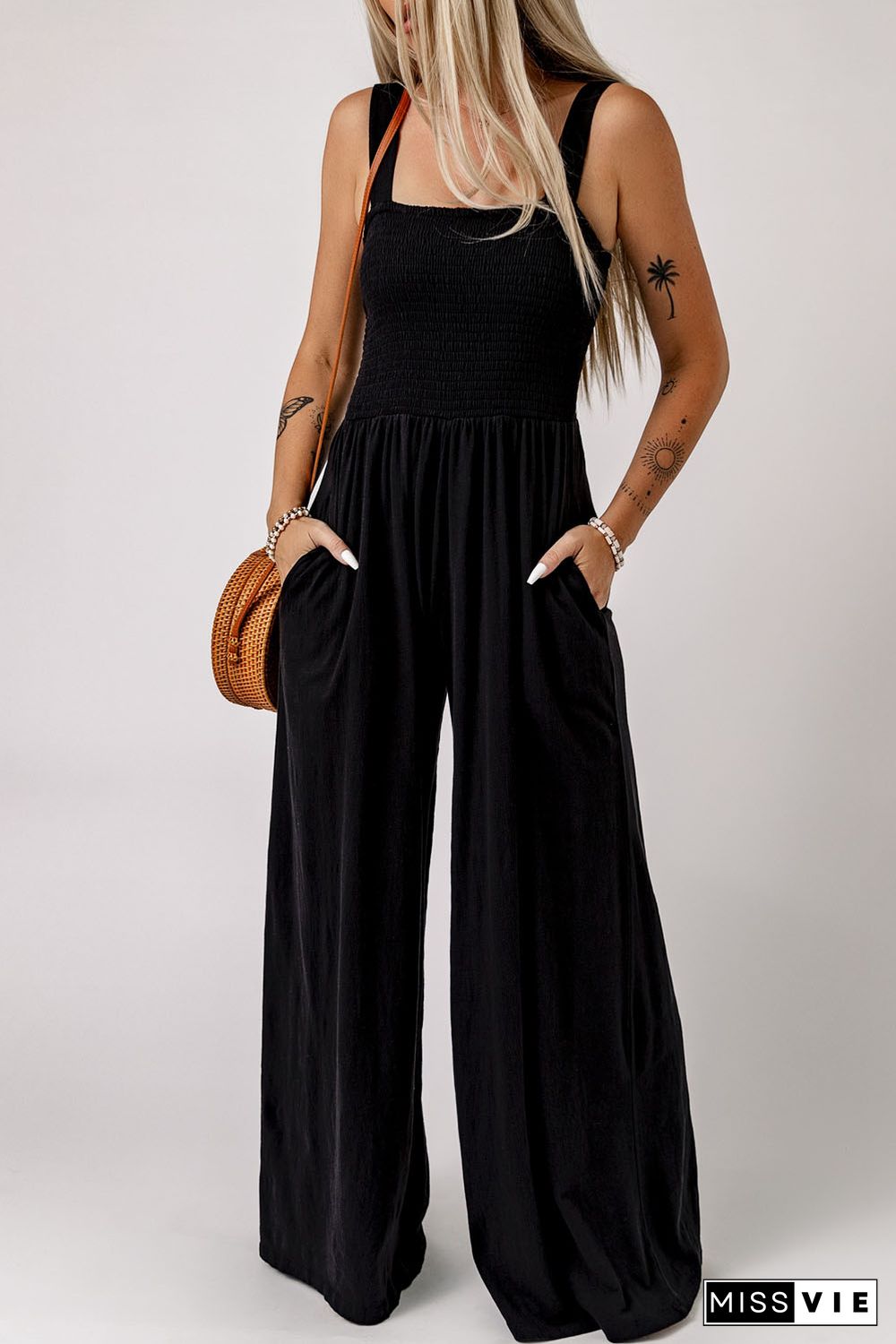 Black Smocked Sleeveless Wide Leg Jumpsuit with Pockets