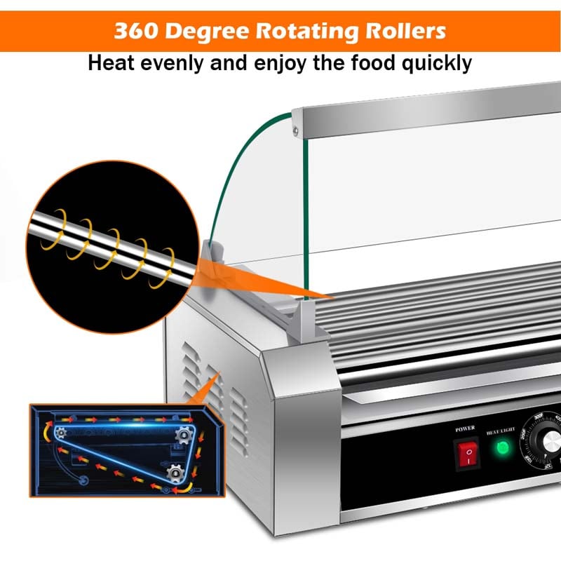 7 Non-Stick Roller 18 Hot Dog Roller Sausage Grill Cooker Machine with Glass Hood Cover, Commercial Household Hot Dog Rotisserie