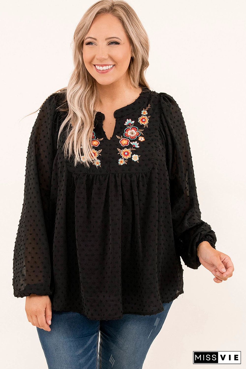 Black Embroidered Swiss Dot Texture Plus Size Blouse