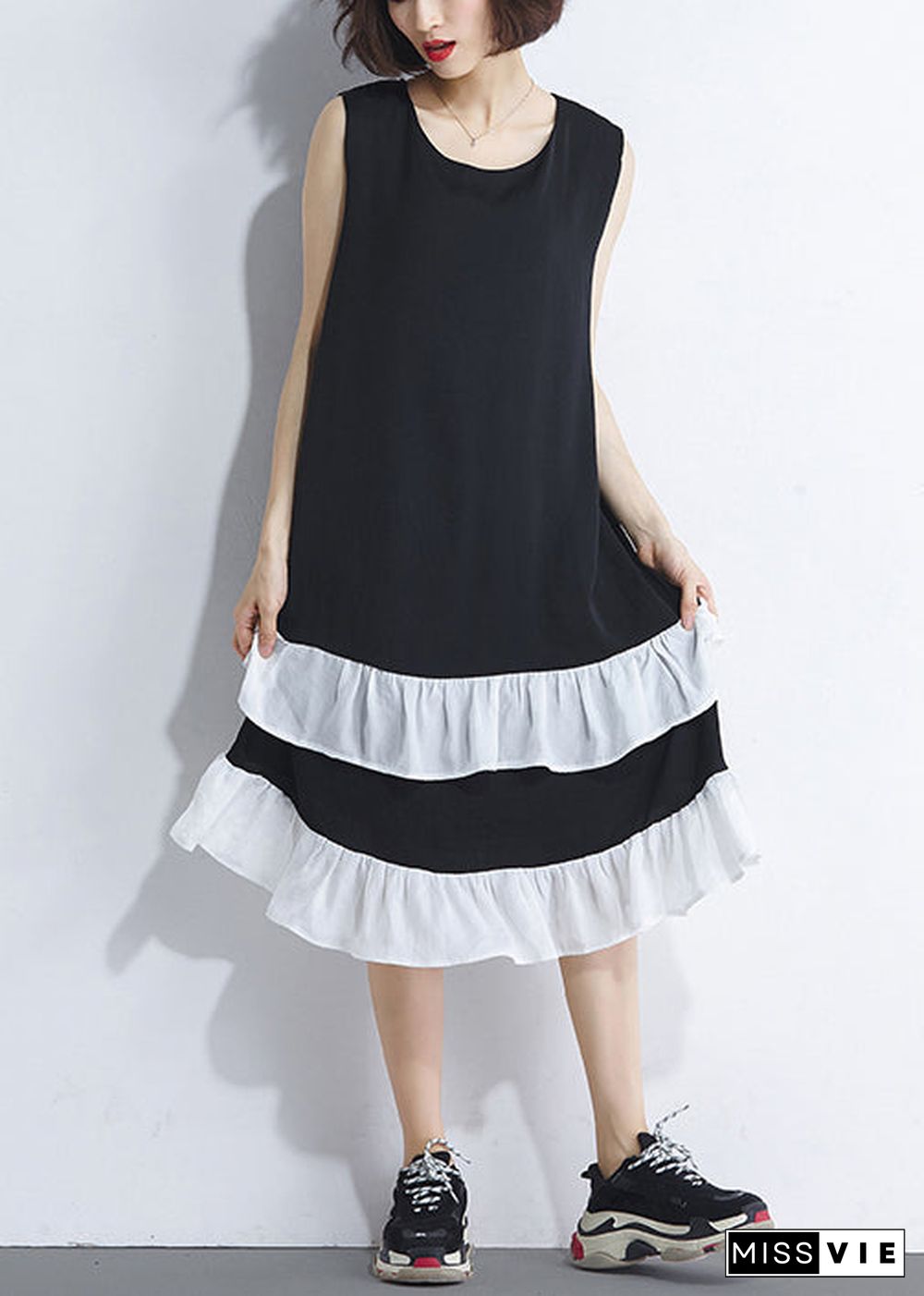 French patchwork Sleeveless Cotton Wardrobes Casual Runway black Plus Size Dress Summer