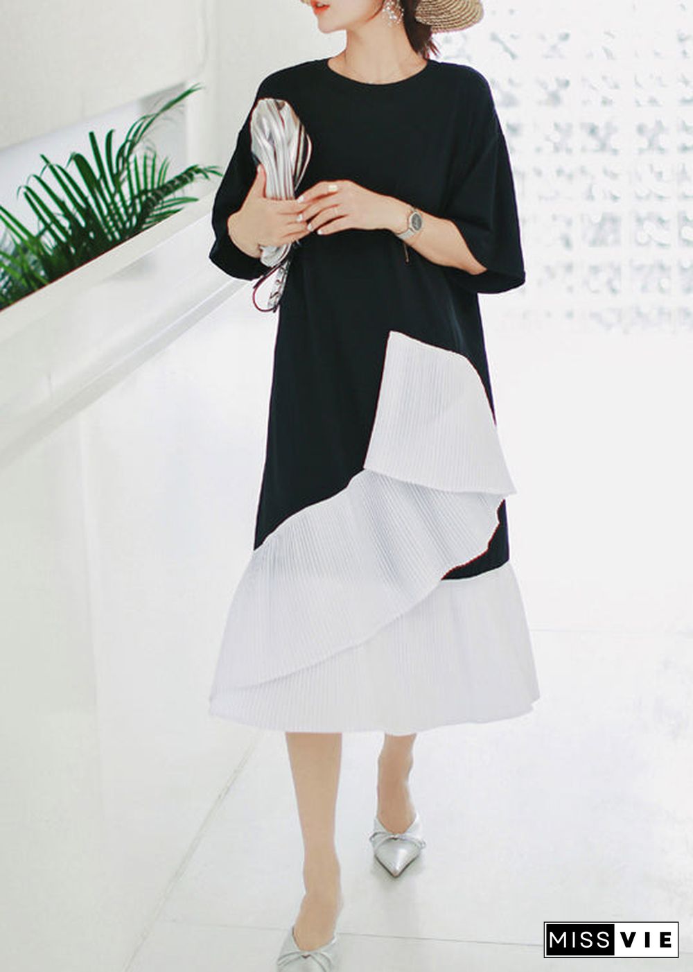 Natural black Cotton Long Shirts Sweets Photography patchwork asymmetric daily Summer Dress