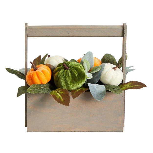 Nearly Natural 10-in Fall Pumpkin Artificial Autumn Arrangement In Wood Basket