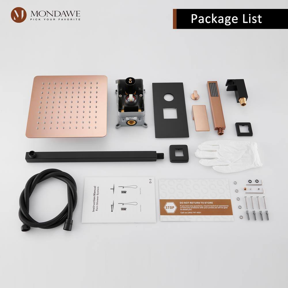 Mondawe Athens 2-Spray Patterns 10 in. Wall Mount Fixed and Handheld Shower Head 2.5 GPM in Black and Rose Gold Valve Included WF6360-10BRG