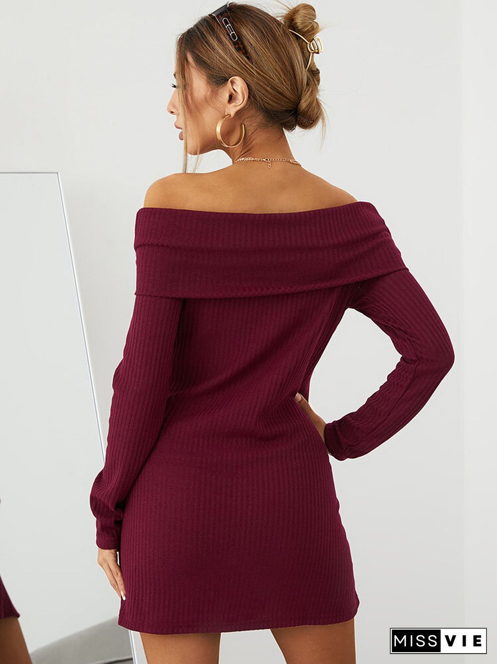 Solid Off-shoulder Long Sleeve Mini Casual Dress