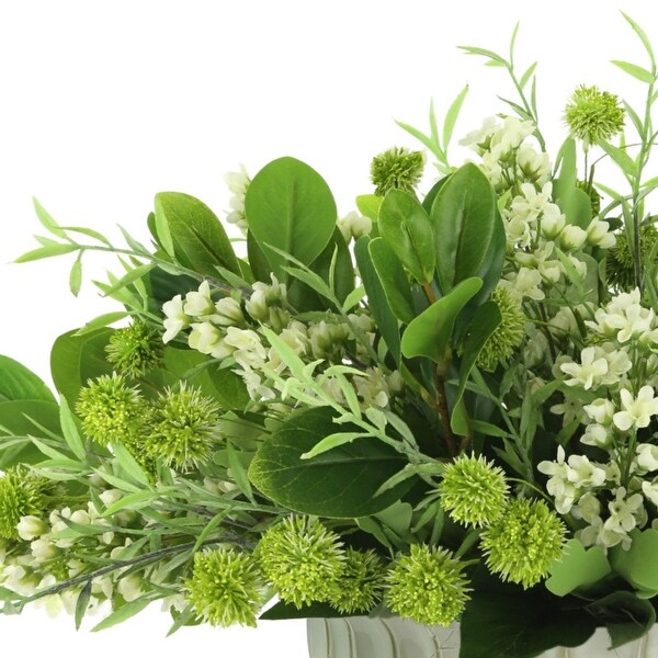 Lilac and Rose Leaf Arrangement in a Ceramic Pot