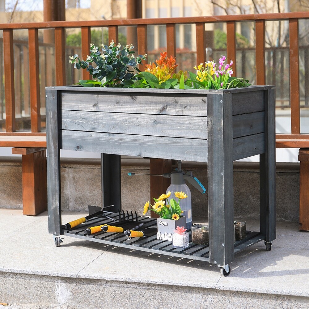 40 in x 32 in x 20 in Grey WoodenElevated Planter with Shelf and Wheel   40x32x20