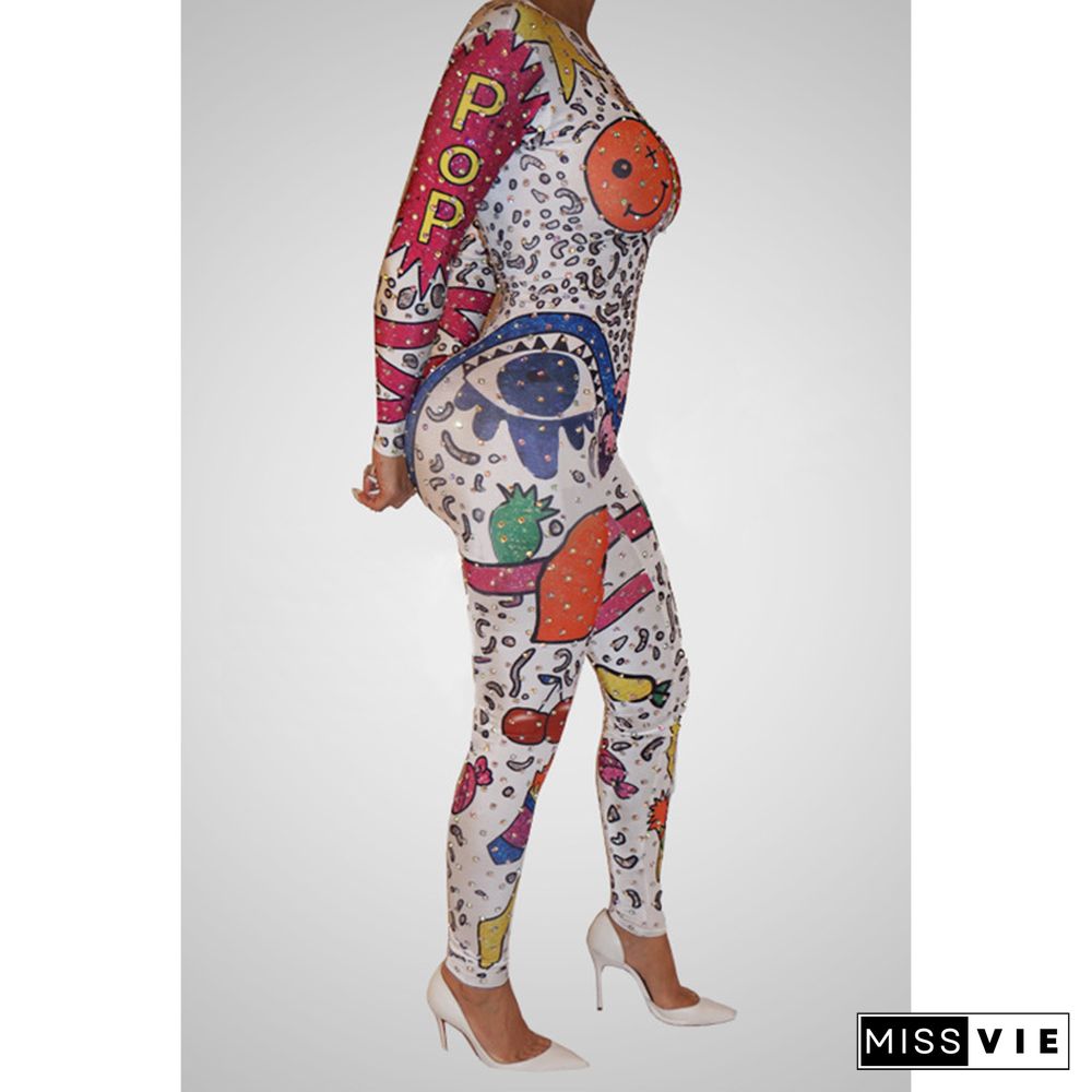 Smiley Graffiti Print Long Sleeve Casual Jumpsuit