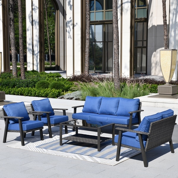 OVIOS 5piece Outdoor Steel Frame Ottoman Wicker Solid Pattern Cushion Sectional Set Glass Top Table