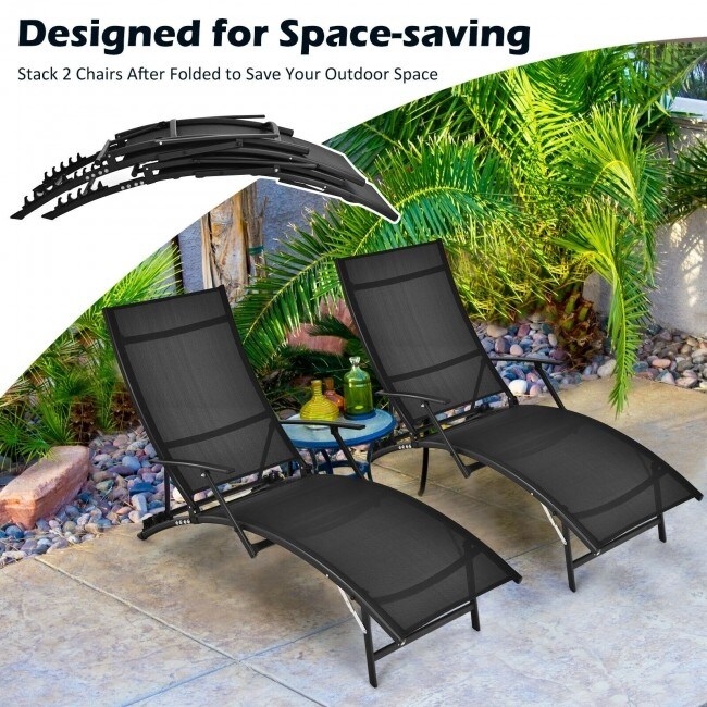 2 Pieces Patio Folding Stackable Lounge Chair Chaise with Armrest Black   67\