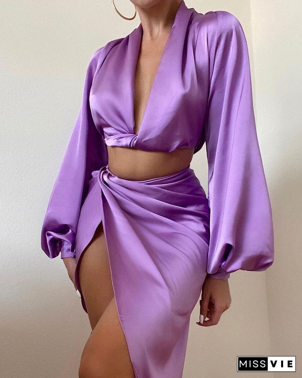 Solid Color Satin Crop Top & Twist Skirt Set