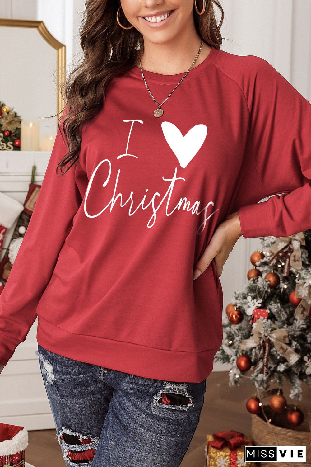 Red I Love Christmas Graphic Print Sweatshirt