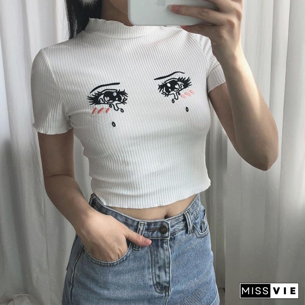 Cartoon Eyes Embroidery Ruffle Crop Top Fit T-Shirt