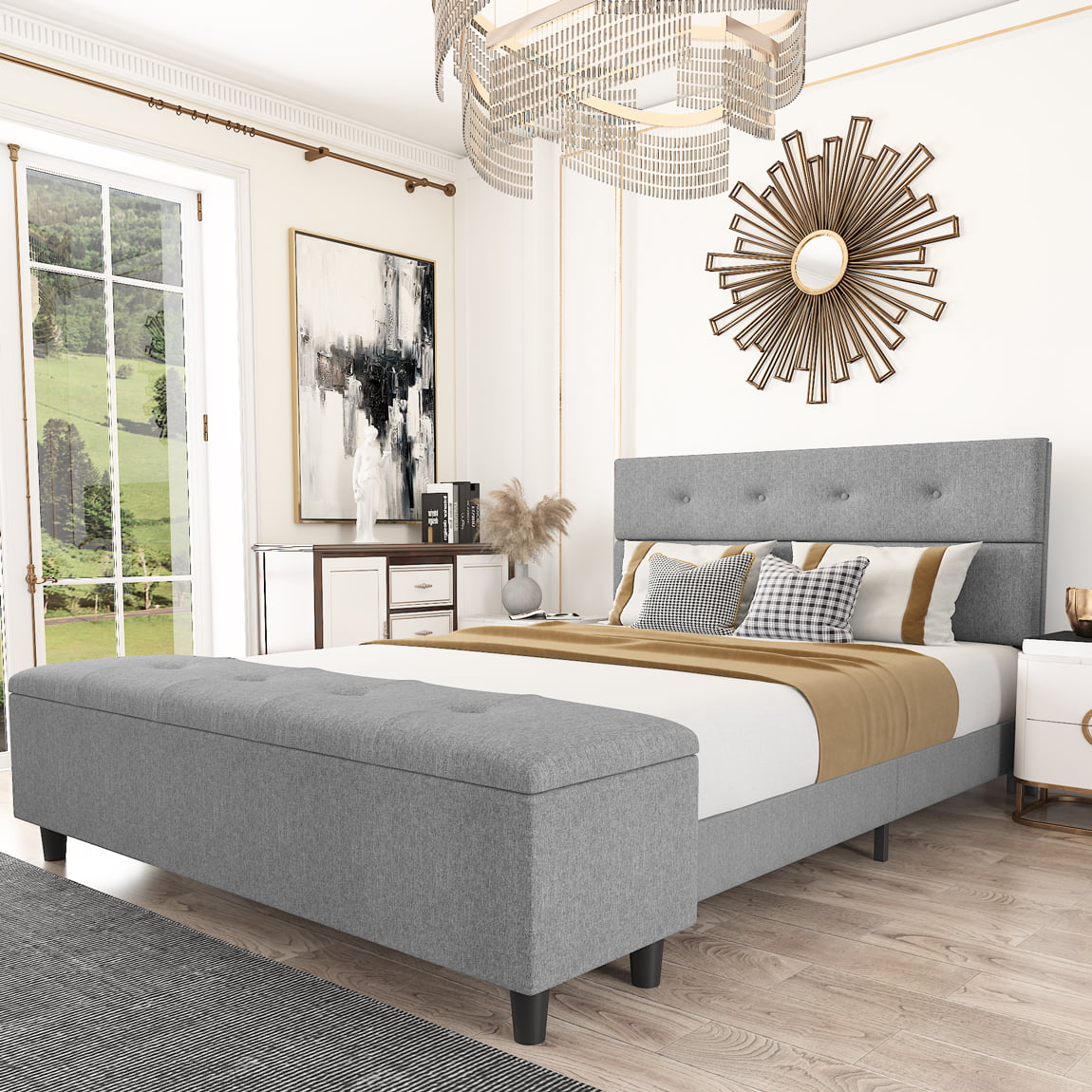 Amolife Queen Linen Platform Bed Frame with Button Tufted Headboard and Storage Ottoman Bench, Light Grey