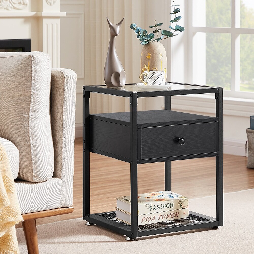 VECELO Modern 1  Drawer Nightstands with Tempered Glass Top