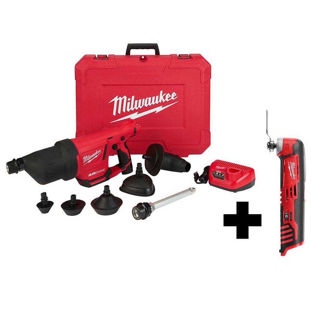 MW M12 12V Lithium-Ion Cordless Drain Cleaning Airsnake Air Gun Kit with M12 Multi-Tool 2572B-21-2426-20