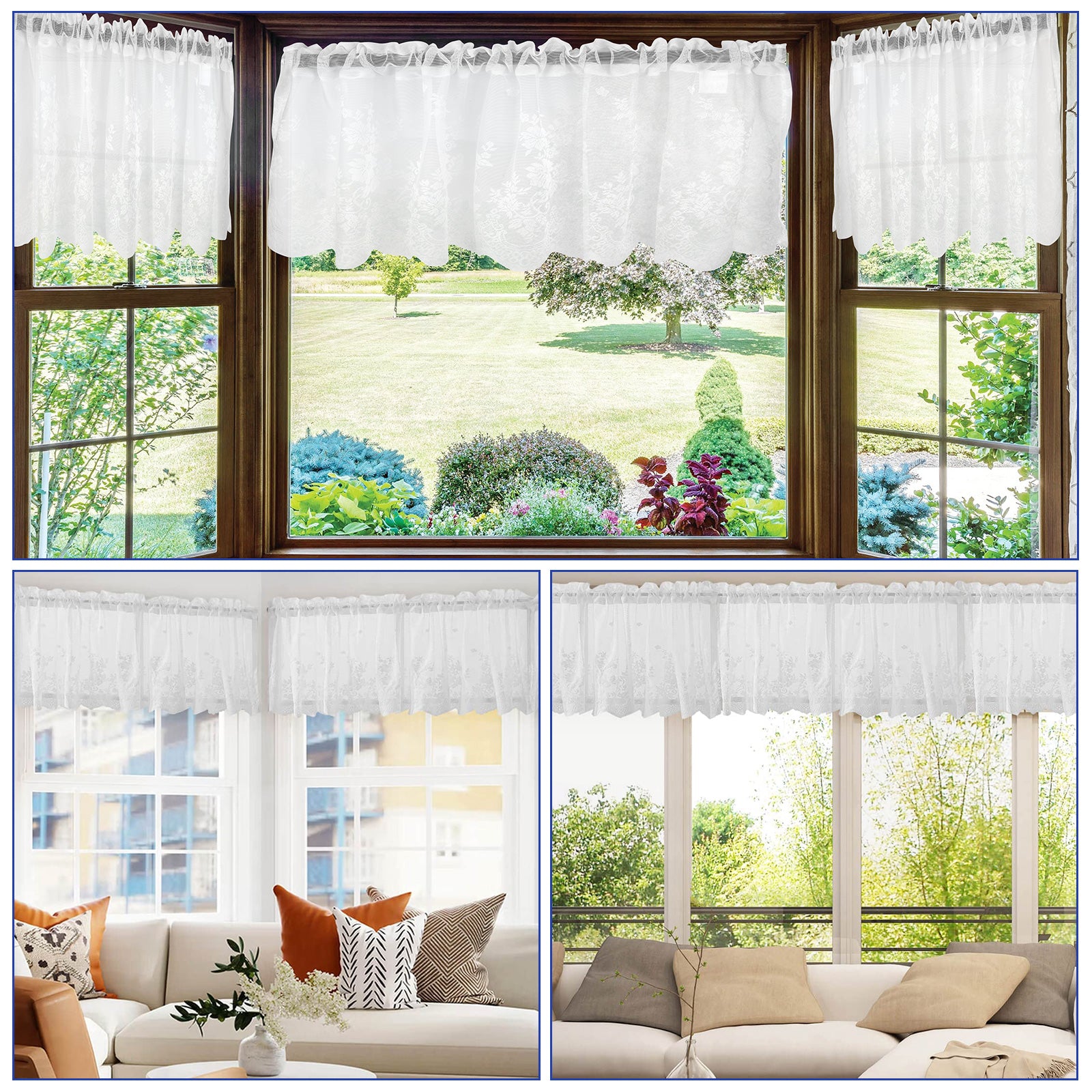 51x16'' Short Curtains, TSV Rod Pocket White Lace Curtains for Kitchen Bedroom Small Windows Short Curtain Tiers Floral Embroidered Semi Sheer Curtain Valance