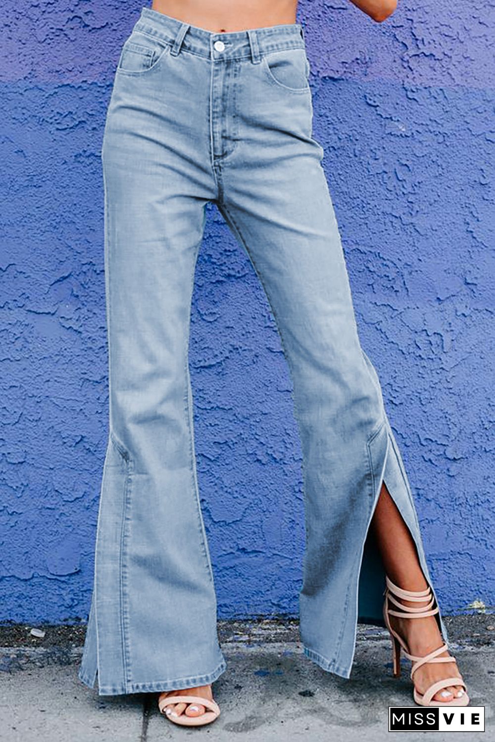 Sky Blue Wide Leg Split Hemline Flared Jeans