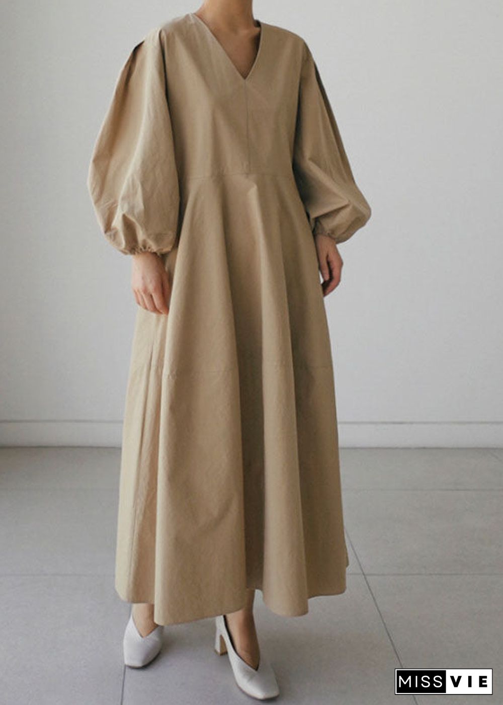 Khaki Pockets Patchwork Cotton Dress Long Sleeve