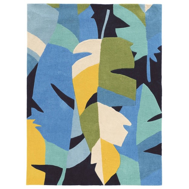 Trio 406 Tropical Leaf Accent Rug Blue Linon