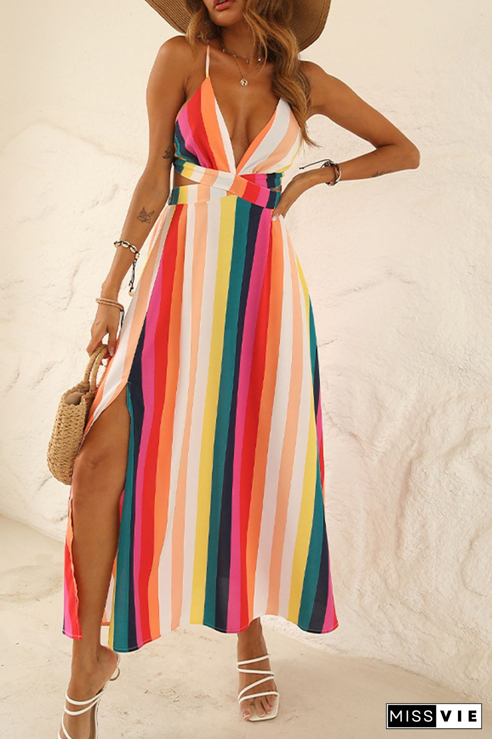 Street Striped Patchwork Spaghetti Strap Waist Skirt Dresses