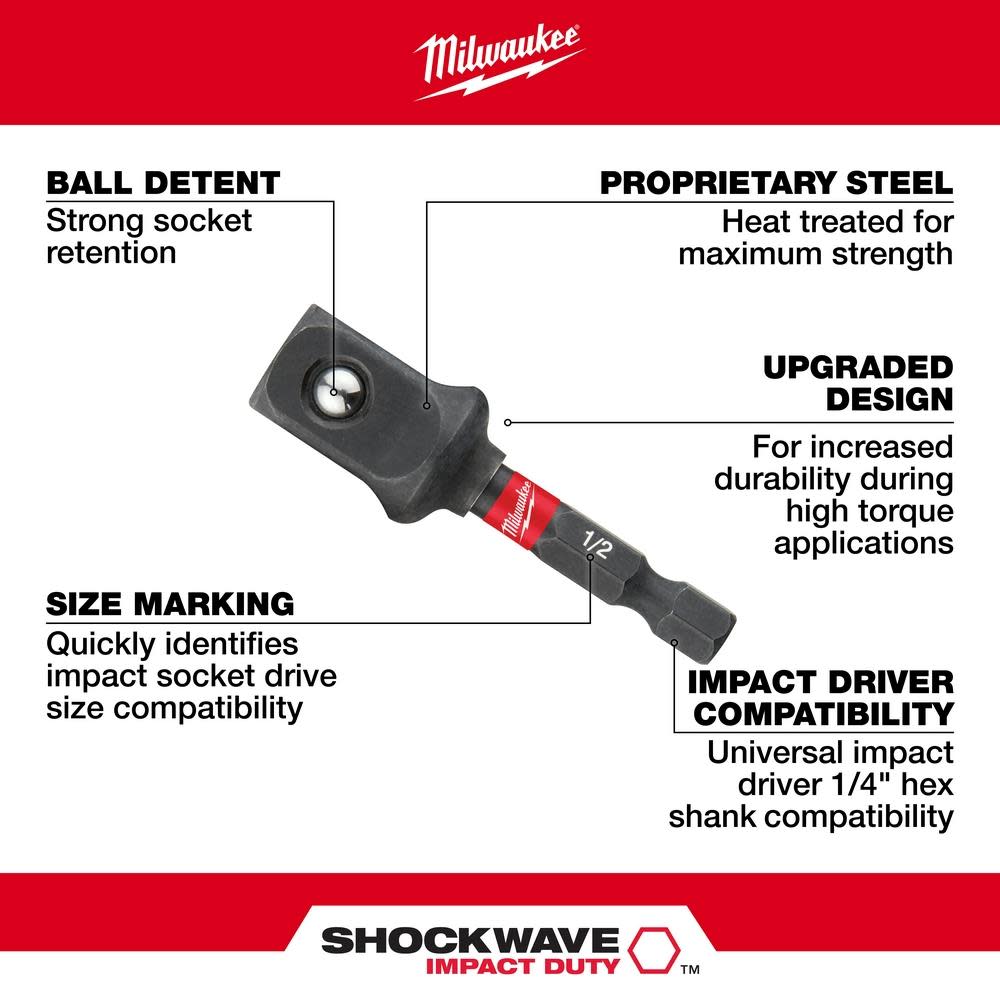 Milwaukee SHOCKWAVE™ Square Socket Adapter 1/4 Hex to 1/2 ;