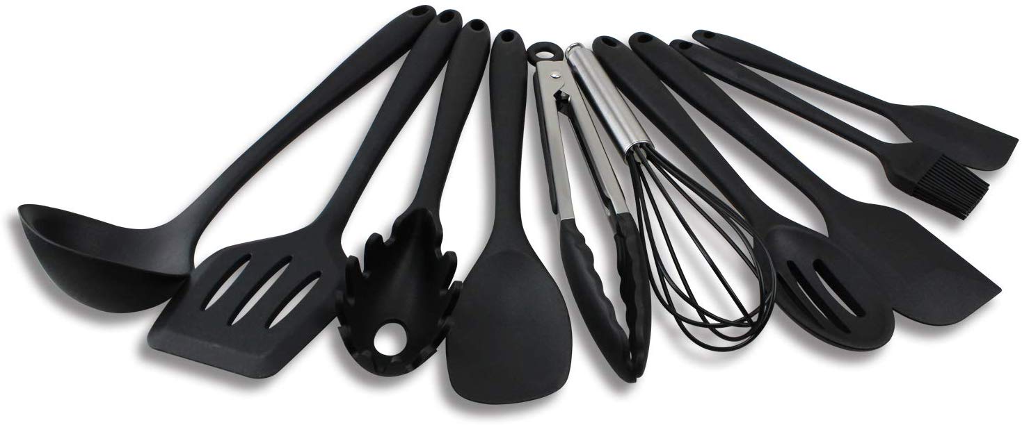 Coolmade Kitchen Utensils Silicone Heat Resistant Kitchen Cooking Utensil Non-Stick Kitchen Utensil Set 10 Piece Cooking Set Non-Stick Kitchen Tools Turner, Whisk, Spoon, Brush, spatula, Pasta Fork