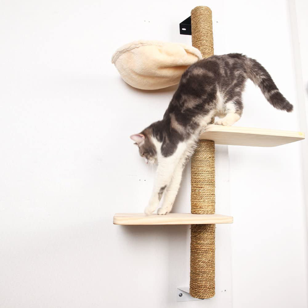 Wall Mounted Cat Scratching Post Multi Level Cat Shelves with Solid Wood Steps and Sunny Seat Hammock