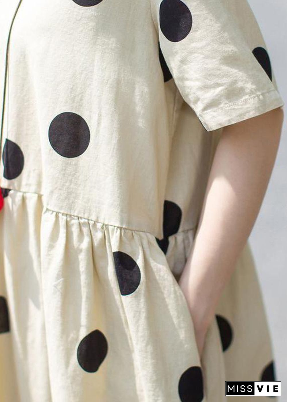 Unique linen Wardrobes Casual Polka Dot V-Neck Loose Linen Dress