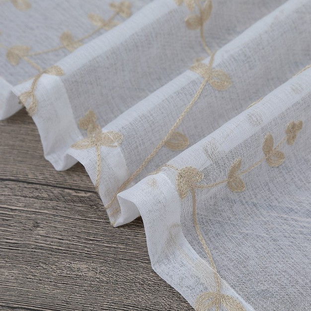 Trinity Sheer Curtains Leaves Embroidered Kitchen Curtains Rod Pocket Faux Linen Textured Window Treatments Set Of 2