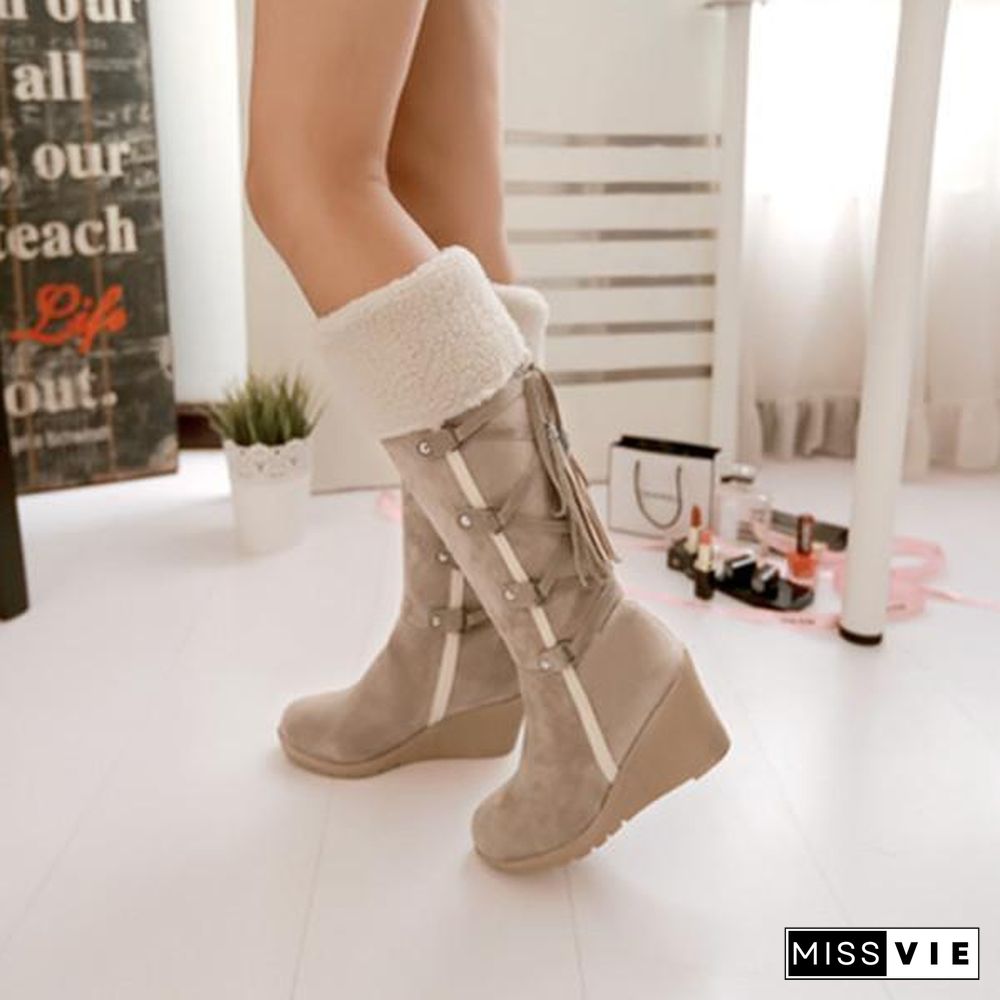 Womens Fashion Lace Round Toe Scrub High Heel Snow Boots