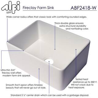 ALFI BRAND Fireclay 24 in. Single Bowl Farmhouse Kitchen Sink in White ABF2418-W